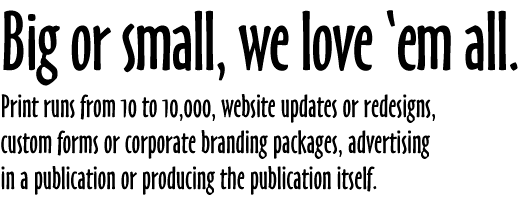 Big or small, we love 'em all. Print runs from 10 to 10,000, website updates or redesigns, custom forms or corporate branding packages, advertising in a publication or producing the publication itself.